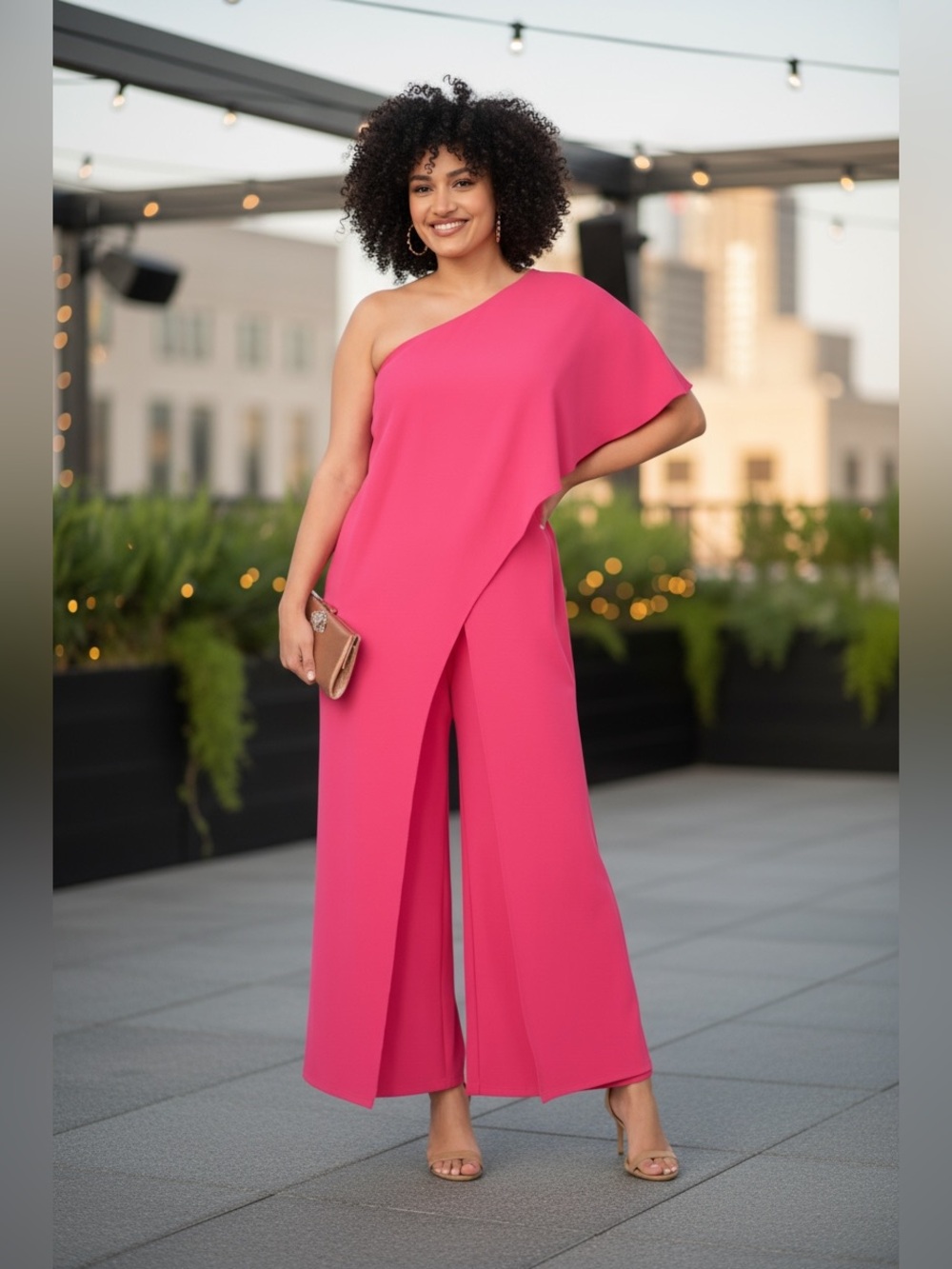 Adrianna Papell Pink Asymmetrical Jumpsuit with Cape